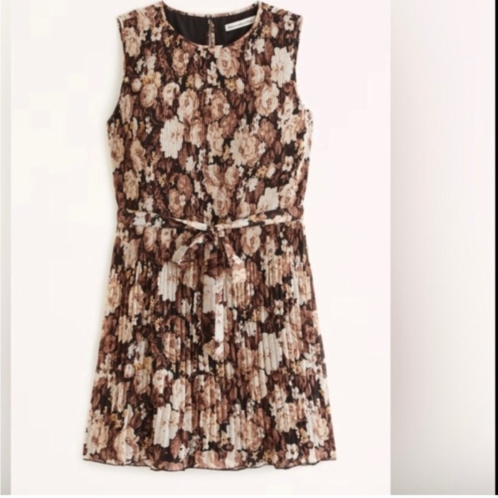 NWT Abercrombie & Fitch Brown Floral Pleated Mini Dress Small 159-591 No Belt - Picture 2 of 13